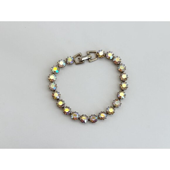 Gold Toned Iridescent Rhinestoned Vintage Costume Jewelry Tennis Bracelet - 7" - Picture 2 of 10